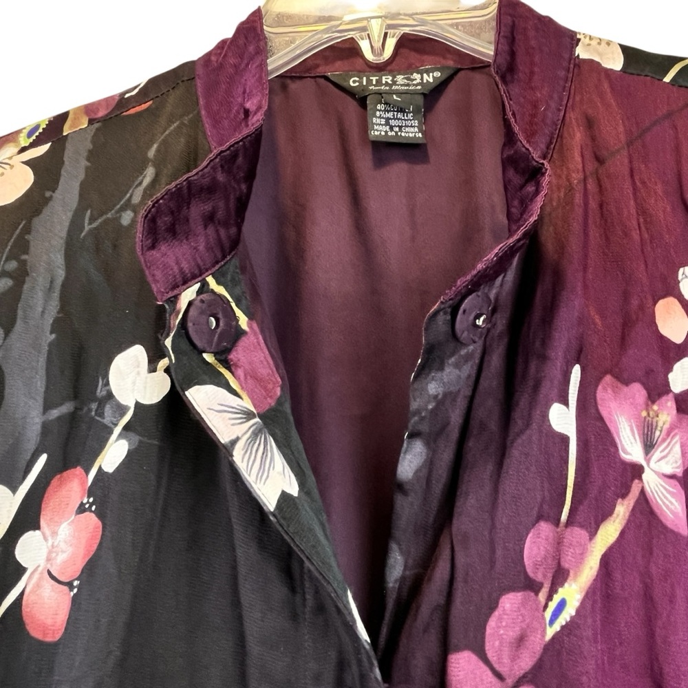 CITRON Santa Monica Floral Silk Cotton Topper Tunic Black Purple Floral Sz M/L - Picture 9 of 14